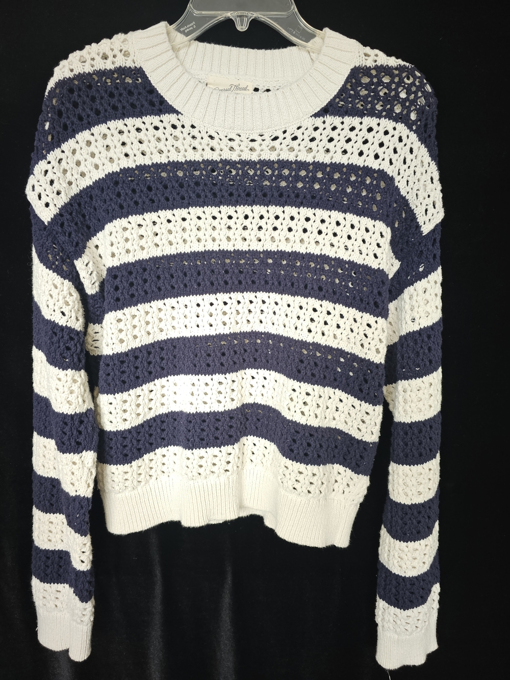 Universal Thread Navy & White Open-Knit Striped Crewneck Sweater
